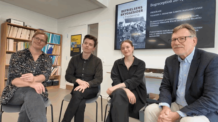 Redaktør og de tre forfattere til bogen Befrielsens Skyggesider i Fredericia