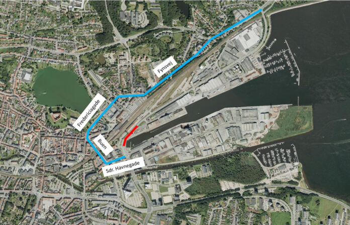 Kort over afspærret strækning på Jens Holms Vej