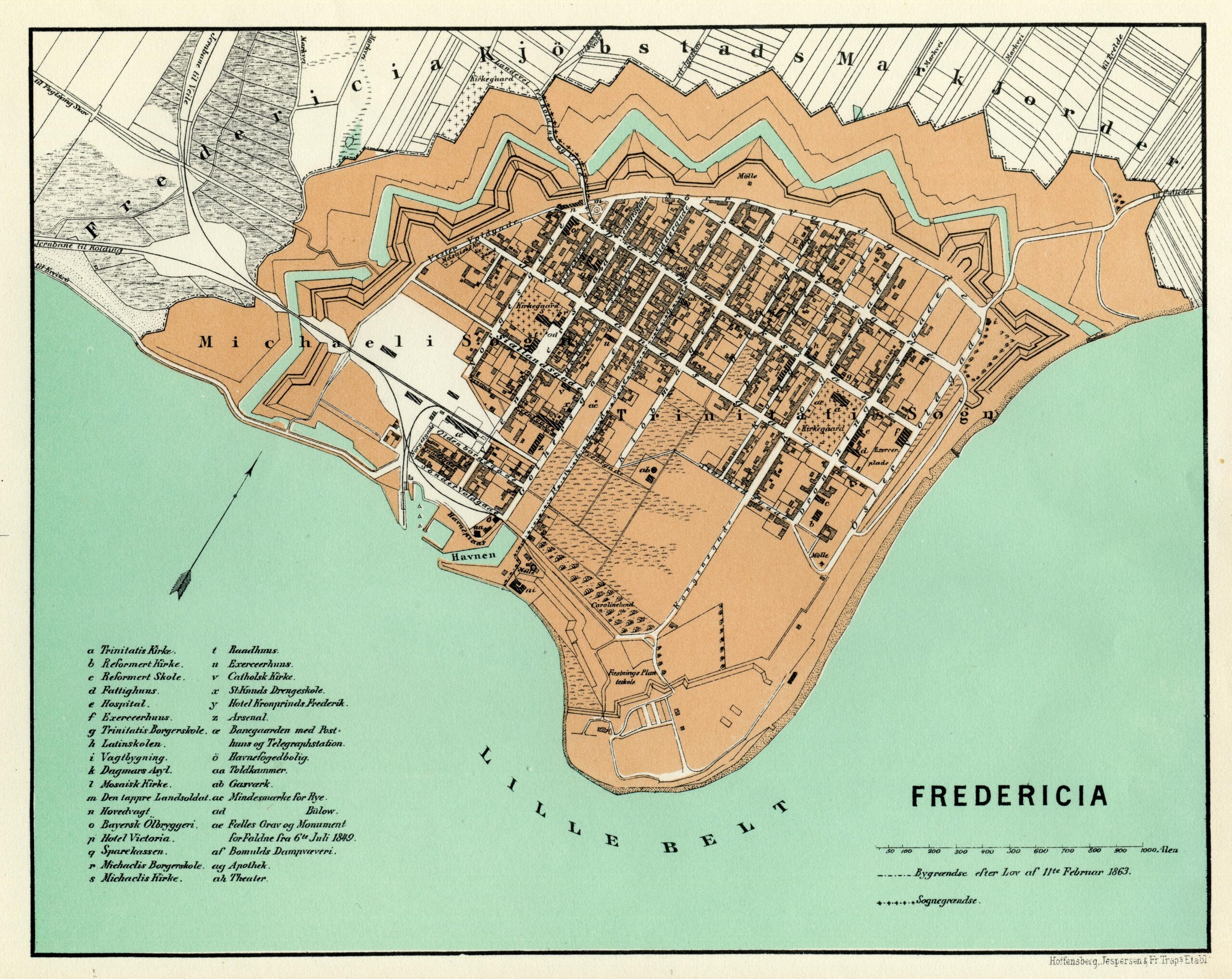 Fredericia ca. 1866-1870, bykort med havnen markeret