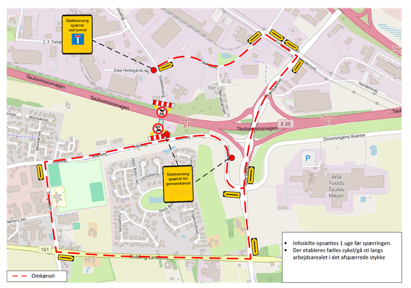 Stakkesvang spærres under motorvejen i to måneder på grund af fjernvarmearbejde Stakkesvang spærres under motorvejen i to måneder på grund af fjernvarmearbejde